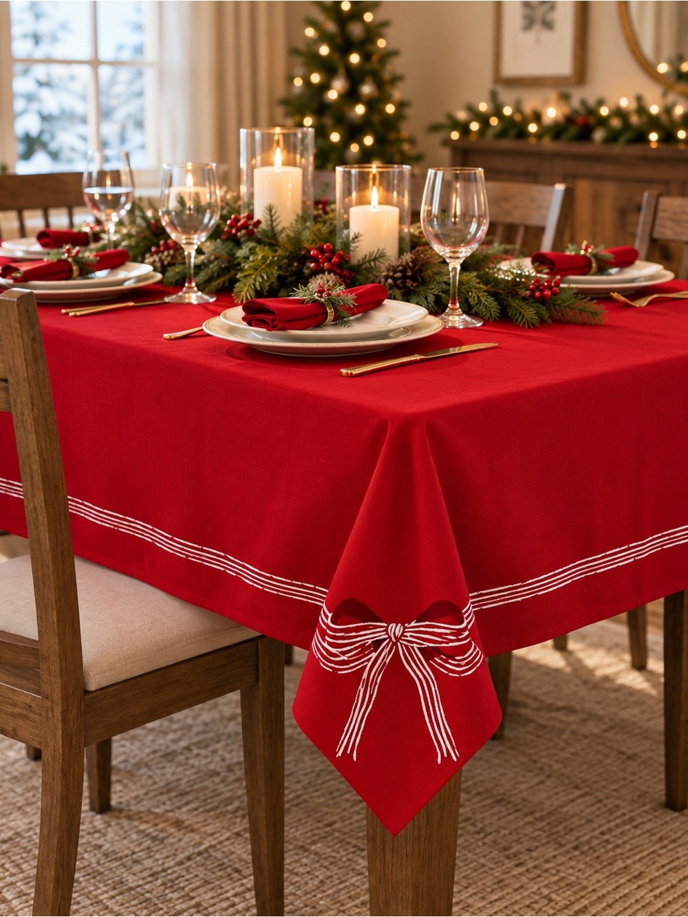 Threshold Christmas Tablecloth Red White Bow Trim 104x60 Holiday Decor